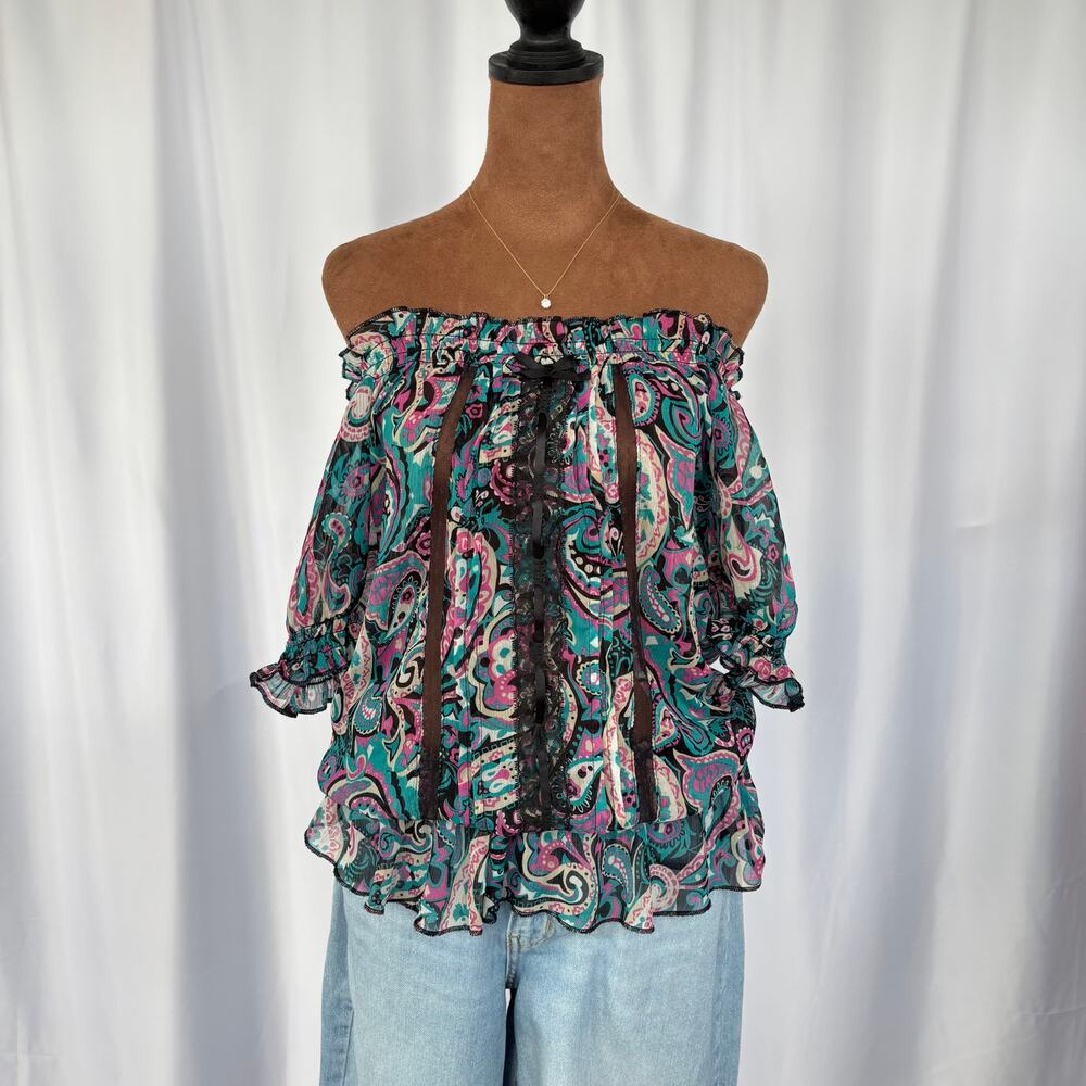 2000s Vintage Grane Paisley Semi Sheer Babydoll Top Lace‎ Puff Sleeve Large